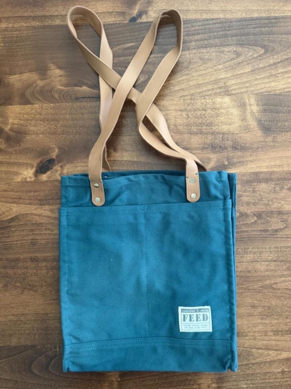 NWOT FEED Project Market Canvas Teal Blue Green Tote Bag Leather Straps